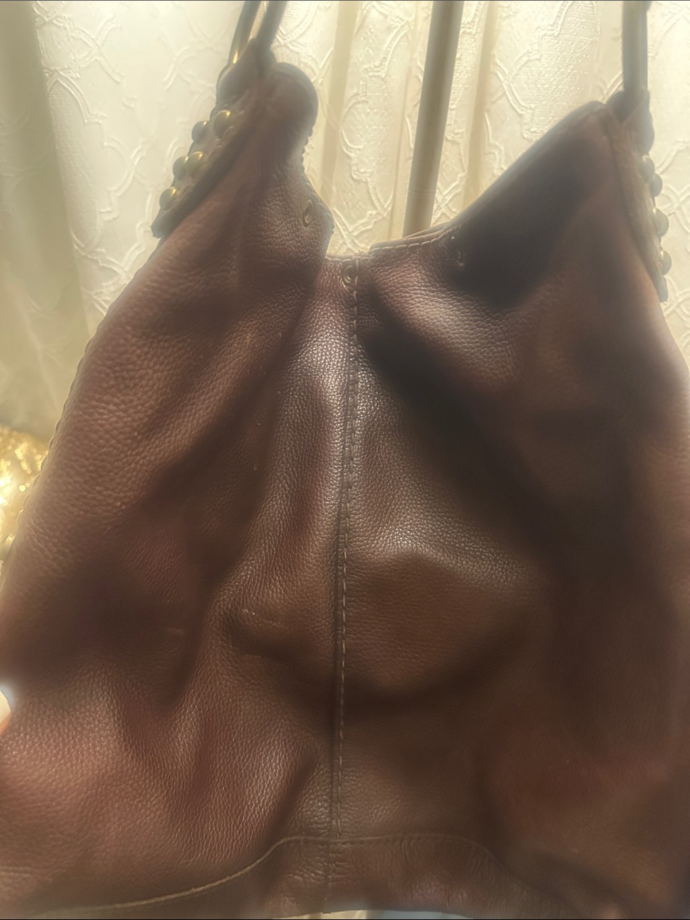 Lucky Brand Brown Pebbled Leather Shoulder Bag with Studded Strap